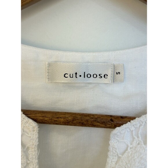 Cut Loose Womens Shirt Small Linen Embroidered Boxy Crochet Split Neck - Picture 3 of 9